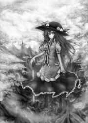 Rule 34 | 1girl, acryl, cloud, cloudy sky, female focus, food, fruit, greyscale, hat, hinanawi tenshi, long hair, monochrome, mountain, peach, planted sword, planted, puffy sleeves, shirt, short sleeves, skirt, sky, solo, standing, sword, touhou, weapon