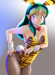Rule 34 | 1girl, absurdres, adjusting clothes, adjusting leotard, animal ears, animal print, black pantyhose, blue eyes, bow, bowtie, breasts, cleavage, commentary request, cone horns, detached collar, fake animal ears, gradient background, green hair, grey background, highres, horns, leaning forward, leotard, long hair, lum, medium breasts, nanao futaba, pantyhose, playboy bunny, pointy ears, rabbit ears, rabbit girl, rabbit tail, red bow, red bowtie, solo, strapless, strapless leotard, tail, tiger print, urusei yatsura, wrist cuffs, yellow leotard