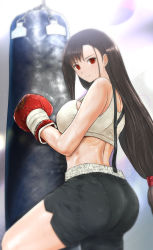 Rule 34 | 1girl, akabeko207, ass, bare shoulders, boxing gloves, breasts, brown hair, exercising, final fantasy, final fantasy vii, highres, large breasts, long hair, looking at viewer, pantylines, red eyes, shiny skin, shorts, sideboob, smile, solo, sweat, tifa lockhart, very long hair