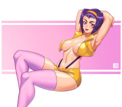 Rule 34 | 1girl, absurdres, areola slip, arms behind head, arms up, artist name, black hair, breasts, cowboy bebop, eyebrows, faye valentine, green eyes, hairband, highres, large breasts, lips, lipstick, looking at viewer, makeup, navel, pink thighhighs, red lips, riz, short hair, short shorts, shorts, solo, thighhighs, yellow shorts