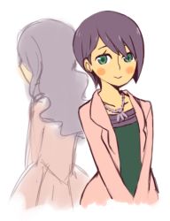Rule 34 | 2girls, blush, blush stickers, flat chest, green eyes, katia anderson, level-5, long hair, looking at viewer, multiple girls, nintendo, professor layton, purple hair, short hair, simple background, tagme, white background