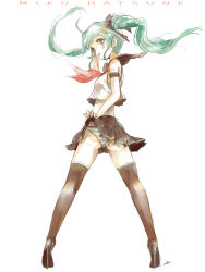 Rule 34 | 1girl, :p, artist name, ass, clothes lift, floating hair, from behind, green eyes, green hair, hair ribbon, hatsune miku, high heels, highres, kowiru, lifted by self, long hair, looking back, matching hair/eyes, midriff, panties, ribbon, school uniform, serafuku, simple background, skirt, skirt lift, solo, standing, striped clothes, striped panties, thighhighs, tongue, tongue out, twintails, underwear, upskirt, vocaloid, white background