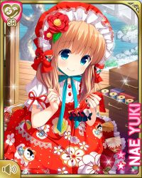 Rule 34 | 1girl, blue eyes, brown hair, character name, closed mouth, day, dress, flower, girlfriend (kari), hair flower, hair ornament, headress, long hair, official art, qp:flapper, red dress, red headwear, ribbon, smile, solo, standing, two side up, yuuki nae