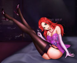 Rule 34 | 1girl, alternate costume, ass, bare shoulders, breasts, cleavage, dress, drink, elbow gloves, gloves, green eyes, high heels, highres, large breasts, league of legends, legs, lipstick, long hair, makeup, red hair, miss fortune (league of legends), secret agent miss fortune, solo, strapless, strapless dress, thighhighs