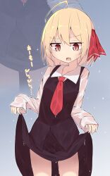 Rule 34 | 1girl, absurdres, ahoge, black skirt, black vest, blonde hair, clothes lift, collared shirt, cowboy shot, fang, hair ribbon, highres, lifted by self, long sleeves, necktie, open mouth, r-neko, red eyes, red necktie, red ribbon, ribbon, rumia, shirt, short hair, skin fang, skirt, skirt lift, sleeves past wrists, solo, touhou, vest, wet, wet clothes, white shirt