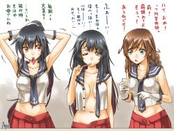 Rule 34 | 10s, 3girls, abo (hechouchou), adjusting hair, agano (kancolle), alternate hairstyle, aqua eyes, black hair, breasts, brown hair, brushing teeth, cup, drinking glass, gloves, highres, holding, holding own hair, kantai collection, long hair, multiple girls, necktie, noshiro (kancolle), partially undressed, personification, pointing, ponytail, red eyes, signature, sleepy, tears, toothbrush, translation request, tying hair, yahagi (kancolle)