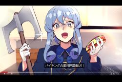 Rule 34 | 1girl, :d, axe, blue eyes, blue hair, blurry, can, collared shirt, commentary, depth of field, dongsa wonhyong, fake screenshot, gotland (kancolle), gotland andra (kancolle), holding, kantai collection, letterboxed, looking at viewer, mole, mole under eye, open mouth, shirt, smile, solo, sparkle, surstromming, translation request