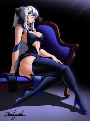 Rule 34 | 1girl, artist name, ass, blue eyes, boots, bow, breasts, clothing cutout, fate/grand order, fate (series), gradient background, hair bow, high heel boots, high heels, knees together feet apart, large breasts, long hair, looking at viewer, morgan le fay (fate), ponytail, ribbon, sitting, solo, stomach cutout, thigh boots, twisted torso, white hair, zealyush