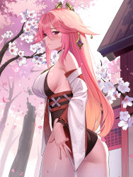 Rule 34 | 1girl, animal ears, ass, bare shoulders, blush, breasts, come hither, detached sleeves, from behind, genshin impact, hair ornament, highres, large breasts, leotard, long hair, looking at viewer, naughty face, pink hair, purple eyes, shiny skin, sideboob, siha, smile, solo, very long hair, yae miko
