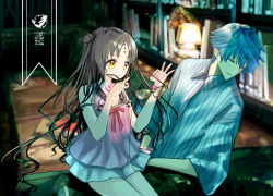 Rule 34 | 1boy, 1girl, black hair, blue hair, blurry, blurry background, blush, bookshelf, chef no kimagure salad, closed eyes, closed mouth, collared shirt, eyelashes, eyewear strap, facial mark, fate/grand order, fate (series), forehead mark, glasses, hands up, hans christian andersen (adult) (fate), hans christian andersen (fate), highres, holding, holding removed eyewear, indoors, long hair, looking at object, parted bangs, pink ribbon, ribbon, sessyoin kiara, sessyoin kiara (lily), sessyoin kiara (swimsuit mooncancer), shirt, sleeves past elbows, striped clothes, striped shirt, tattoo, unworn eyewear, vertical-striped clothes, vertical-striped shirt, yellow eyes