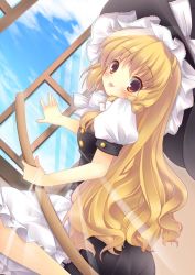 Rule 34 | 1girl, :p, bad id, bad pixiv id, blonde hair, blush, bow, braid, broom, cloud, day, dress, female focus, hair bow, hat, jpeg artifacts, kirisame marisa, ribbon, sky, smile, solo, tongue, tongue out, touhou, window, witch, witch hat, yamucha, yellow eyes