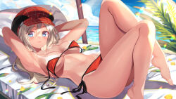 Rule 34 | 1girl, alisa ilinichina amiella, armpits, arms behind head, arms up, bare legs, bare shoulders, barefoot, bed, bikini, bikini tan, blue eyes, breasts, bucchake (asami), cabbie hat, cleavage, day, god eater, hat, long hair, looking at viewer, lying, medium breasts, navel, on back, open mouth, outdoors, red bikini, red hat, solo, stomach, string bikini, sunlight, swimsuit, tan, tanline, thighs, untied bikini, white hair