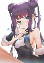 Rule 34 | 1girl, bare shoulders, black dress, blue eyes, blunt bangs, blush, breasts, china dress, chinese clothes, closed mouth, collarbone, detached sleeves, double bun, dress, fate/grand order, fate (series), hair bun, hair ornament, heart, long hair, looking at viewer, medium breasts, purple hair, short dress, sideboob, sidelocks, simple background, sitting, smile, solo, teddy (khanshin), thighs, twintails, very long hair, white background, yang guifei (fate), yang guifei (first ascension) (fate)