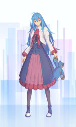 Rule 34 | 1girl, absurdres, ankle boots, black pantyhose, blue dress, blue eyes, blue footwear, blue hair, boots, dress, earrings, frills, highres, holding, holding toy, jacket, jewelry, long hair, long sleeves, pantyhose, parted lips, planetariangaolin, red neckwear, single earring, solo, stuffed animal, stuffed toy, teddy bear, toy, very long hair, vivy, vivy: fluorite eye&#039;s song, white jacket