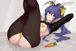 Rule 34 | 1girl, animal ears, antenna hair, ass, black legwear, blazblue, blue hair, bluefield, bow, breasts, carrot, fake animal ears, hair between eyes, hair bow, heart pasties, highres, large breasts, legs up, long hair, looking at viewer, lying, mai natsume, meme attire, on back, pasties, ponytail, purple eyes, rabbit ears, reverse bunnysuit, reverse outfit, shrug (clothing), solo, thighs, yellow bow