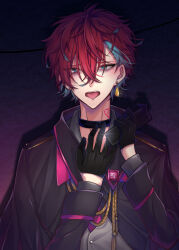 Rule 34 | 1boy, black gloves, black jacket, collared shirt, earrings, gloves, green eyes, green hair, grey shirt, highres, holding, holding phone, hypnosis mic, jacket, jewelry, kannonzaka doppo, long sleeves, looking at viewer, male focus, multicolored hair, noname mr 0515, phone, red hair, shirt, short hair, solo, tattoo, tongue, tongue out