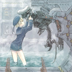Rule 34 | 10s, 1girl, bare legs, bismarck (kancolle), blonde hair, commentary request, cyborg, dress, hands on another&#039;s face, hat, kantai collection, machinery, military hat, peaked cap, sailor collar, sailor dress, sailor hat, short hair, wading, yukimochi (yume), z1 leberecht maass (kancolle)