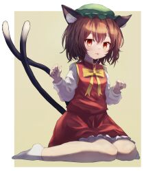 Rule 34 | 1girl, :p, animal ears, ar (maeus), border, bow, bowtie, brown hair, cat ears, chen, green hat, hat, highres, looking at viewer, mob cap, nail polish, outside border, red nails, sitting, socks, solo, tongue, tongue out, touhou, two-tone background, wariza, white border, yellow bow, yellow bowtie