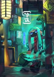 Rule 34 | 1girl, bad id, bad twitter id, bike shorts, black shorts, blunt bangs, bucket, buckle, cable, commentary request, full body, graffiti, green hair, highres, holding, holding weapon, indoors, ink, inkling, inkling girl, inkling player character, jacket, kashu (hizake), light, light particles, long hair, long sleeves, looking up, mask, monster girl, mouth mask, nintendo, pointy ears, purple eyes, red jacket, shoes, short eyebrows, shorts, sign, slosher (splatoon), sneakers, solo, splatoon (series), splatoon 2, standing, suction cups, television, tentacle hair, tri slosher (splatoon), weapon, white footwear