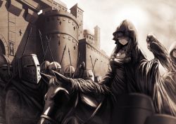Rule 34 | 1girl, absurdres, animal, banner, blurry, breasts, building, choker, city, cleavage, cloak, cloud, cloudy sky, crescent, crowd, depth of field, helmet, highres, hood, hooded cloak, horse, horseback riding, knight, koissa, large breasts, limited palette, long sleeves, one eye closed, outdoors, patchouli knowledge, polearm, riding, shadow, sitting on animal, sky, solo focus, spear, straddling, touhou, upright straddle, wall, weapon, wide sleeves