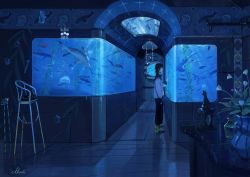 Rule 34 | 1boy, animal, aquarium, artist name, black hair, black pants, brown eyes, chair, clock, door, fins, fish, fish tail, floor, glass, green legwear, hand on glass, highres, illumi999, jellyfish, lamp, light, looking at animal, looking to the side, original, pants, plant, shark, shark tail, short hair, signature, solo, standing, statue, sweater, swimming, table, tail, underwater, water, white sweater, wooden door, wooden floor