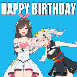 Rule 34 | 2girls, :d, alternate costume, animal ears, armband, bare shoulders, birthday, birthday cake, black dress, blue background, bow, breasts, brown hair, cake, cat ears, character name, choker, cleavage cutout, closed eyes, clothing cutout, commentary request, cowboy shot, dress, english text, food, frilled choker, frills, hair bow, hair ornament, hairband, hairclip, happy, happy birthday, holding, holding cake, holding food, kaguya luna, kemuri haku, kizuna ai, kizuna ai (anniversary), kizuna ai inc., lace-trimmed sleeves, lace trim, large breasts, long hair, medium breasts, multicolored hair, multiple girls, obi, open mouth, outstretched arms, pink bow, pink hair, pink hairband, ribbon, round teeth, sash, silver hair, simple background, sleeveless, sleeveless dress, smile, standing, streaked hair, striped ribbon, swept bangs, teeth, the moon studio, twintails, two-tone hair, virtual youtuber, white dress, white ribbon, wrist ribbon, x hair ornament