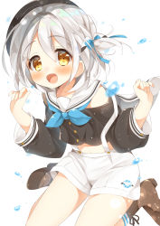 Rule 34 | 1boy, blush, brown hair, gau (n00 shi), hair ribbon, hat, highres, looking at viewer, male focus, open mouth, original, ribbon, sailor collar, school uniform, shorts, simple background, solo, suspenders, trap, virtual youtuber, white background, white hair
