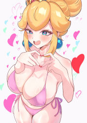 1girl bikini blonde_hair blue_eyes blush breasts cleavage half-closed_eyes heart heart-shaped_pupils heart_hands highres large_breasts long_hair looking_at_viewer mario_(series) navel nintendo one_eye_closed open_mouth pink_bikini pink_lips ponytail princess princess_peach side-tie_bikini_bottom sideboob smile solo swimsuit symbol-shaped_pupils teeth thong_bikini tongue wide_hips