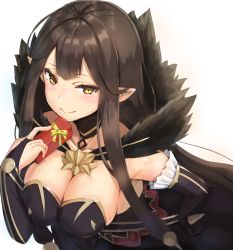 Rule 34 | 1girl, bare shoulders, black dress, black hair, blush, breasts, cleavage, collarbone, dress, fate/apocrypha, fate/grand order, fate (series), fur trim, large breasts, long hair, looking at viewer, pointy ears, reinama, semiramis (fate), smile, solo, upper body, yellow eyes