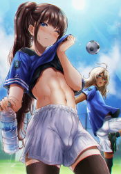 Rule 34 | 2boys, abs, ahoge, androgynous, black legwear, blue eyes, blue sky, blush, bottle, brown hair, cleats, closed mouth, day, grass, high ponytail, highres, hikari (komitiookami), male focus, medium hair, multiple boys, navel, one eye closed, open mouth, original, outdoors, ponytail, revision, short sleeves, shorts, sidelocks, sky, soccer, soccer field, soccer uniform, sportswear, standing, sun, sweat, sweatdrop, tan, thighhighs, trap, water bottle, white shorts