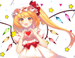 Rule 34 | 1girl, :d, alternate costume, bare shoulders, blonde hair, blush, collarbone, commentary request, crystal, dress, fang, flandre scarlet, frills, hands up, hat, hat ribbon, heart, heart hands, long hair, looking at viewer, mob cap, off-shoulder dress, off shoulder, one side up, open mouth, puffy short sleeves, puffy sleeves, red eyes, red ribbon, red sash, ribbon, roh nam kyung, sash, short sleeves, smile, solo, star-shaped pupils, star (symbol), symbol-shaped pupils, touhou, triangle, upper body, white background, white dress, white hat, wings