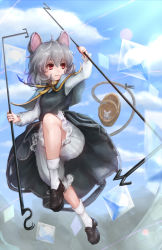 Rule 34 | 1girl, animal ears, bloomers, blue sky, capelet, cloud, day, dowsing rod, dress, gem, grey dress, grey hair, highres, hoshibuchi, jewelry, loafers, long sleeves, mouse (animal), mouse ears, mouse tail, nazrin, necklace, pendant, red eyes, shirt, shoes, sky, solo, tail, touhou, underwear