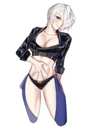 Rule 34 | 1girl, absurdres, angel (kof), black jacket, bra, breasts, chaps, cropped jacket, dan koflove, hair over one eye, highres, jacket, large breasts, leather, leather jacket, long sleeves, looking at viewer, midriff, navel, snk, strapless, strapless bra, the king of fighters, the king of fighters xiv, underwear