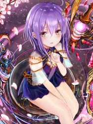 Rule 34 | 1girl, :d, blush, branch, brown eyes, character request, commentary request, crystal, dress, efuri (riarea00), flower, hair between eyes, highres, long hair, looking at viewer, open mouth, petals, pink flower, purple dress, purple hair, ripples, see-through, shadowverse, shingeki no bahamut, short hair, sitting, smile, solo, spinaria (shingeki no bahamut), water