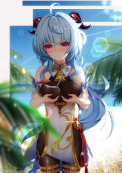 Rule 34 | 1girl, absurdres, ahoge, bare shoulders, beach, bell, binghaiankang, black legwear, blue hair, blush, breast hold, breast lift, breasts, chinese knot, cleavage, coconut, cup, day, drinking straw, flower knot, fruit cup, furrowed brow, ganyu (genshin impact), genshin impact, gold trim, hair in own mouth, highres, holding, holding cup, horns, light rays, long hair, looking at viewer, low ponytail, medium breasts, neck bell, no gloves, nose blush, palm tree, pelvic curtain, purple eyes, red rope, rope, sidelocks, solo, standing, sun, tassel, thighlet, thighs, tree, vision (genshin impact)