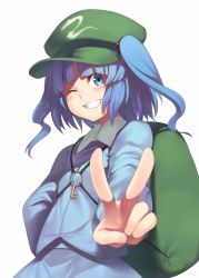 Rule 34 | 1girl, backpack, bag, blue eyes, blue hair, blush, hair bobbles, hair ornament, hat, kaiza (rider000), kawashiro nitori, key, long sleeves, looking at viewer, matching hair/eyes, one eye closed, portrait, shirt, short hair, simple background, skirt, skirt set, smile, solo, touhou, twintails, two side up, v, vest, white background