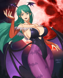 Rule 34 | 1girl, animal print, bare shoulders, barleyshake, bat print, black leotard, breasts, bridal gauntlets, cleavage, clothing cutout, covered navel, cowboy shot, cup, demon girl, drinking glass, elbow gloves, fangs, full moon, gloves, green eyes, green hair, head wings, heart cutout, highres, holding, holding cup, large breasts, leotard, long hair, looking at viewer, moon, morrigan aensland, open mouth, pantyhose, purple pantyhose, red nails, shadow, sideboob, signature, solo, vampire (game), wine glass, wings