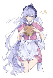 Rule 34 | 1girl, absurdres, apron, aqua eyes, back bow, bow, burger, closed mouth, dress, food, hair between eyes, high ponytail, highres, holding, holding food, honkai: star rail, honkai (series), looking at viewer, official alternate costume, one eye closed, pink dress, ponytail, purple hair, ren (renjiyu), robin (honkai: star rail), short sleeves, simple background, smile, solo, tongue, tongue out, white apron, white background, white bow