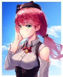 Rule 34 | 1girl, absurdres, ahoge, bare shoulders, bell, beret, blush, bodice, border, bow, bowtie, breasts, buttons, cat hair ornament, collared shirt, dress shirt, green eyes, hair between eyes, hair ornament, hairclip, hat, highres, hololive, huge filesize, jingle bell, long hair, looking at viewer, low twintails, medium breasts, outdoors, outside border, pink hair, sakura miko, sakura miko (casual), shirt, sky, solo, twintails, virtual youtuber, woogi (duguddnr)