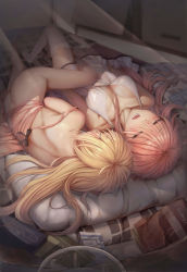 Rule 34 | 2girls, absurdres, arms at sides, ass, babydoll, back, bare arms, bare shoulders, bkyuuc, blonde hair, blush, book, bottomless, breasts, closed eyes, collarbone, commentary request, covered erect nipples, cuddling, dress, electric fan, futon, hair over eyes, highres, indoors, lingerie, long hair, lying, medium breasts, milk carton, multiple girls, no panties, no shoes, on back, on side, open mouth, original, pink hair, see-through, shoulder blades, side-by-side, sleeping, sleeveless, sleeveless dress, strap slip, teeth, thighhighs, underwear, very long hair, white dress, white legwear