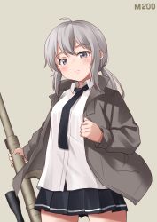 Rule 34 | 1girl, ahoge, anti-materiel rifle, black necktie, black skirt, blush, bolt action, breasts, brown background, brown jacket, character name, cheytac m200, closed mouth, collared shirt, girls&#039; frontline, grey eyes, grey hair, gun, highres, holding, holding gun, holding weapon, jacket, ki-51 (ampullaria), looking at viewer, m200 (girls&#039; frontline), necktie, open clothes, open jacket, pleated skirt, rifle, scope, shirt, short hair, simple background, skirt, small breasts, sniper rifle, solo, thighs, weapon, white shirt