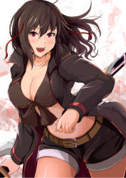 Rule 34 | 1girl, :d, bad id, bad pixiv id, belt, bikini, bikini top only, black bikini, black hair, black jacket, blush, breasts, brown hair, cleavage, collarbone, cowboy shot, curvy, front-tie bikini top, front-tie top, hair between eyes, holding, holding sword, holding weapon, jacket, kanzaki kureha, large breasts, leaning forward, long hair, long sleeves, looking at viewer, midriff, open clothes, open jacket, open mouth, original, purple eyes, red eyes, short shorts, shorts, smile, solo, stomach, swimsuit, sword, weapon, wide hips