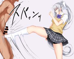 Rule 34 | 1boy, 1girl, ball busting, bdsm, black shorts, cbt, clothed female nude male, commentary request, crotch kick, femdom, foot out of frame, grey background, grey hair, grey skirt, highres, higuchi kaede, higuchi kaede (3rd costume), kicking, long hair, looking at another, nijisanji, no shoes, nude, penis, plaid, plaid skirt, pleated skirt, ponytail, purple eyes, shirt, short shorts, short sleeves, shorts, shorts under skirt, simple background, skirt, small penis, socks, standing, standing on one leg, sweater vest, thighs, very long hair, virtual youtuber, watarase piro, white shirt, white socks