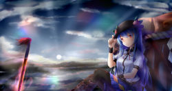 Rule 34 | 1girl, adjusting clothes, adjusting headwear, against rock, aura, black hat, blue hair, blue skirt, boots, breasts, brown legwear, closed mouth, cloud, cloudy sky, collared shirt, commentary request, cross-laced footwear, eyes visible through hair, fedora, feet out of frame, food, fruit, hat, highres, hinanawi tenshi, keystone, knee boots, knees up, large breasts, leaf, lips, long hair, looking at viewer, neck ribbon, outdoors, peach, pleated skirt, puffy short sleeves, puffy sleeves, rainbow order, red eyes, red ribbon, ribbon, rope, seiya (iiseven), shimenawa, shirt, short sleeves, signature, sitting, skirt, sky, smile, solo, sun, sunlight, sword of hisou, touhou, white shirt