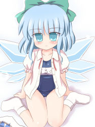 Rule 34 | 1girl, blue eyes, blue hair, blush, bow, cirno, female focus, matching hair/eyes, no pants, one-piece swimsuit, open clothes, open shirt, ry (yagoyago), school swimsuit, shirt, short hair, socks, solo, swimsuit, swimsuit under clothes, touhou, white background, wings