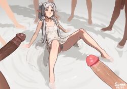 Rule 34 | 1girl, 6+boys, arm support, artist name, barefoot, breasts, closed mouth, dark-skinned male, dark skin, dated, dress, erection, female pubic hair, frieren, green eyes, grey hair, hetero, highres, knees up, large penis, long hair, multiple boys, penis, pointy ears, precum, pubic hair, see-through, see-through dress, sleeveless, sleeveless dress, small breasts, solo focus, sousou no frieren, standing, sunna (nilsunna), surrounded by penises, twintails, uncensored, wet, wet clothes, wet dress, white dress, white pubic hair