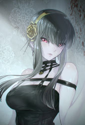 Rule 34 | 1girl, bare shoulders, black dress, black hair, blood on wall, breasts, cleavage, dress, earrings, flower, gold hairband, grey background, hair between eyes, hair flower, hair ornament, hair stick, hairband, jewelry, large breasts, long hair, looking at viewer, maeshima shigeki, pale skin, parted lips, red eyes, sidelocks, solo, spy x family, upper body, yor briar