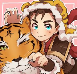 Rule 34 | &gt; o, 1boy, blue eyes, blush, brown hair, closed mouth, commentary request, copyright request, highres, hood, hood up, long sleeves, looking at viewer, male focus, one eye closed, pink background, red scarf, scarf, smile, solo, tiger, usuki (usukine1go)