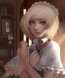 Rule 34 | 1girl, absurdres, alice margatroid, backlighting, blonde hair, bow, capelet, commentary request, diandianzai, doll, doll joints, artistic error, hair bow, hairband, highres, holding, holding doll, hugging doll, hugging object, joints, light particles, lips, lolita hairband, looking afar, nose, parted lips, realistic, shanghai doll, short hair, solo, touhou, upper body, wrong hand, yellow eyes
