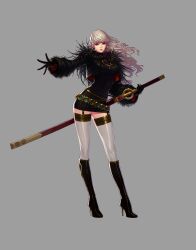 Rule 34 | absurdres, dress, dungeon and fighter, female slayer (dungeon and fighter), gloves, grey hair, highres, long hair, non-web source, official art, red eyes, skirt, thighhighs